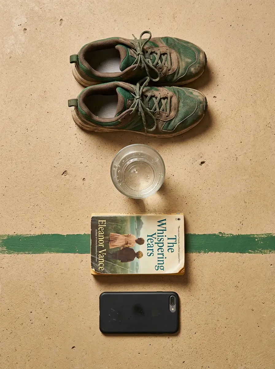 Walking shoes, a water glass, a book and a face-down phone on a sand-colored surface