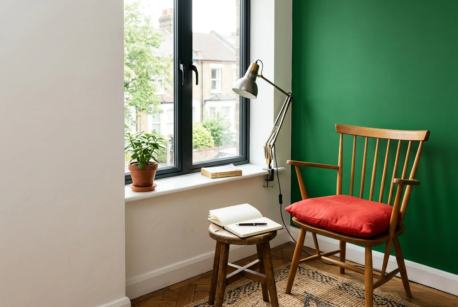 A reading chair, lamp and open notebook beside a bright apartment window